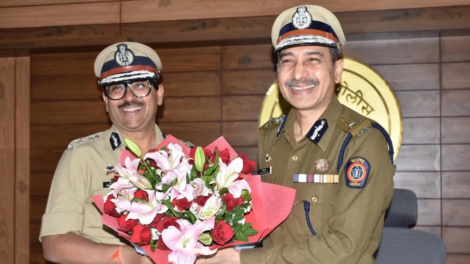 Amitesh Kumar with the outgoing Commissioner of Police at the Pune City Police Commissionerate during the handover of charge in February 2024